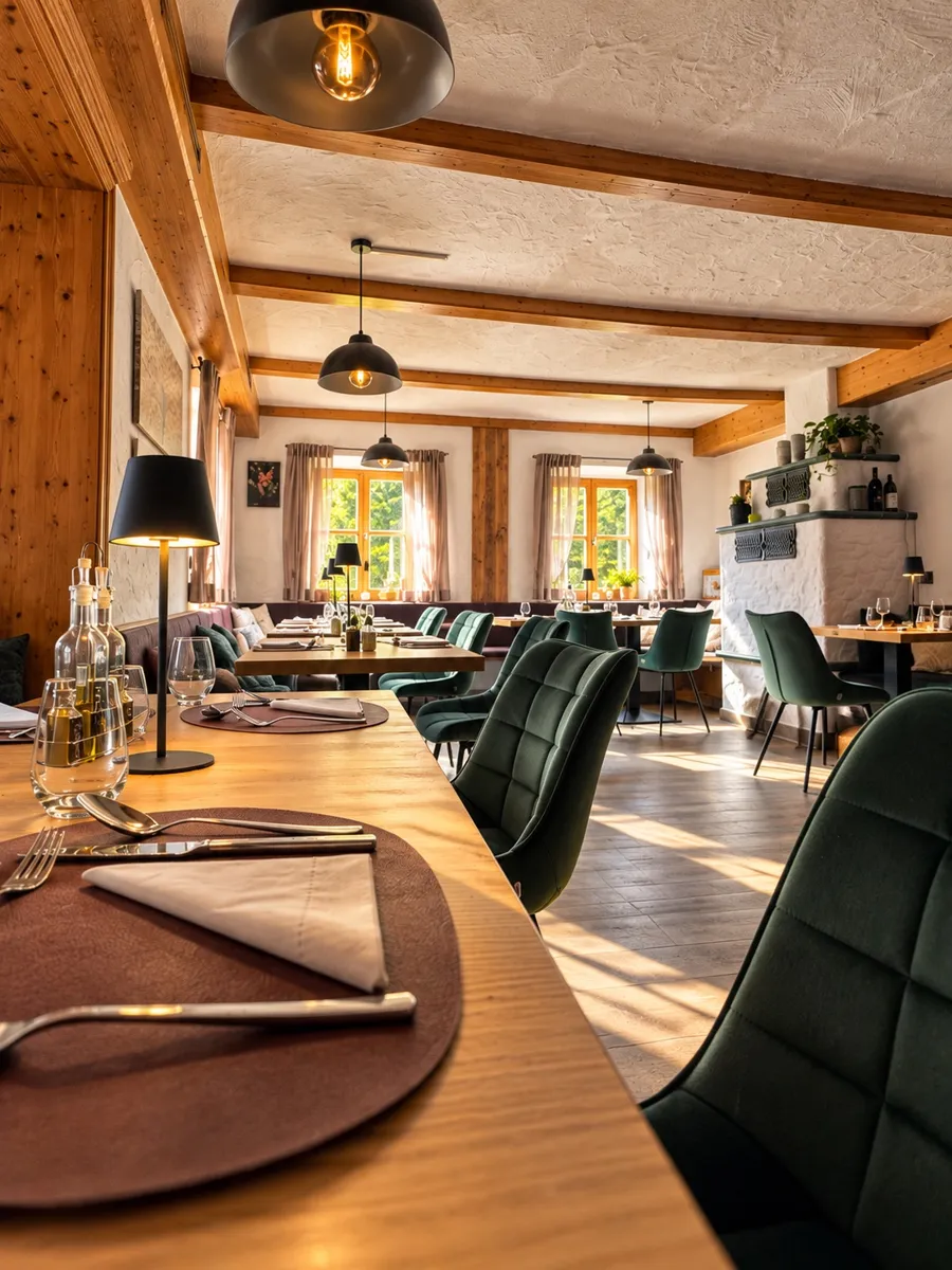 Gaststube des Gasthauses Jakob mit Holzbalken und gedeckten Tischen